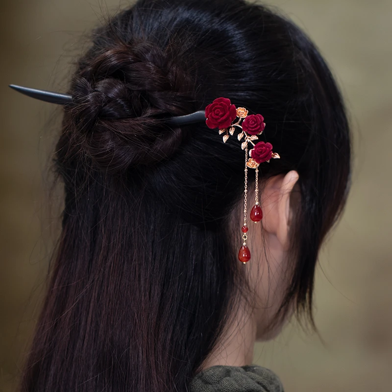 非金属木质发饰 玫瑰花檀木盘发簪子古风汉服旗袍日常新中式发饰