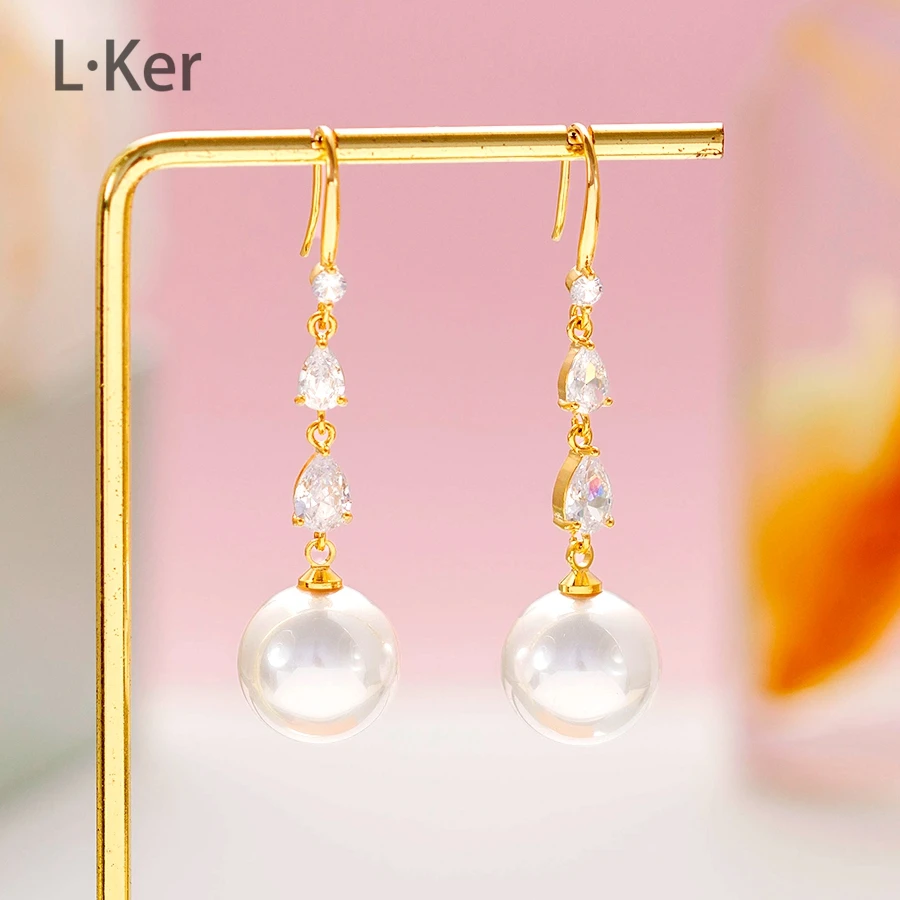 铜合金合成锆石耳饰 法式水滴珠珠耳环百搭时尚气质女士流苏1202