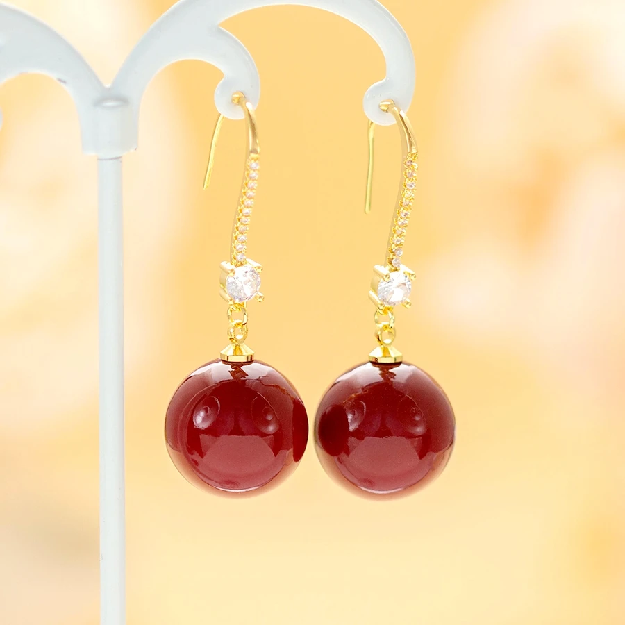 铜合金合成锆石耳饰 气质红色珠珠耳钩时尚感长款流苏精美耳环162