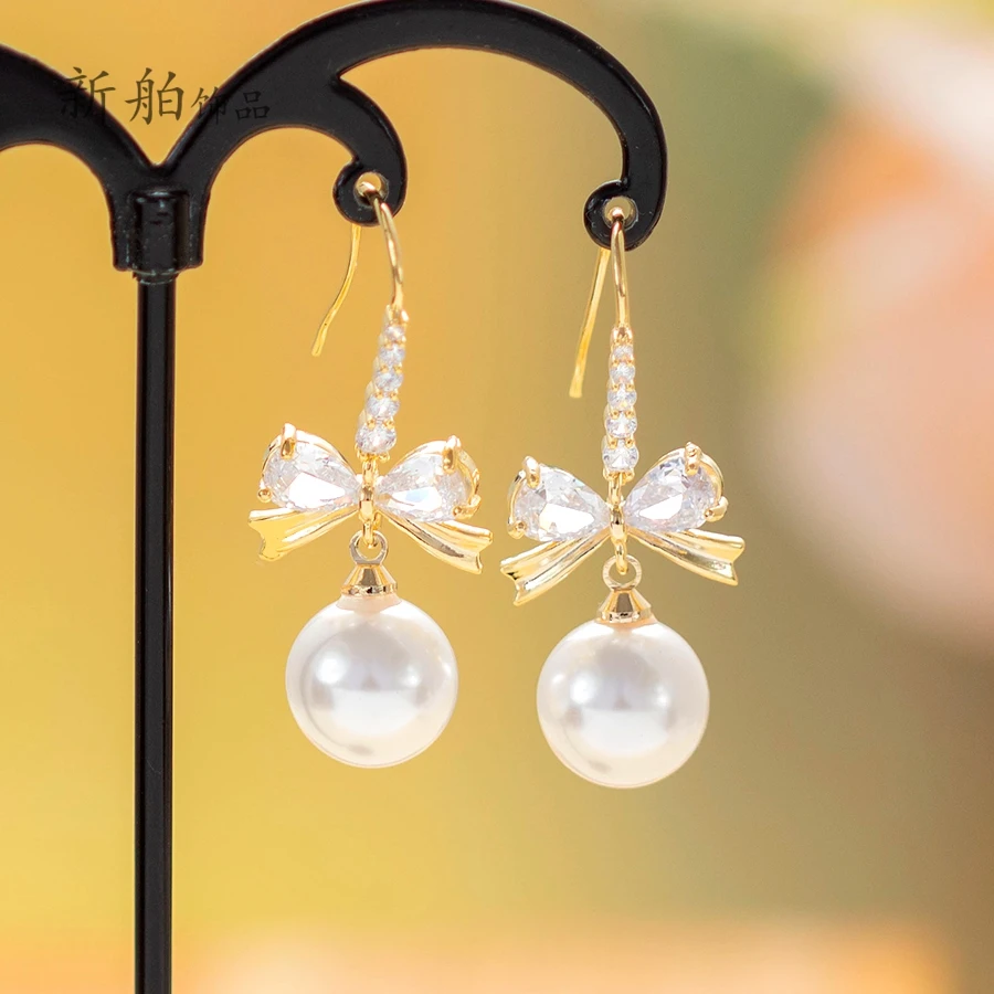 铜合金合成锆石耳饰 精致蝴蝶结满钻轻奢耳坠气质时尚百搭耳环407