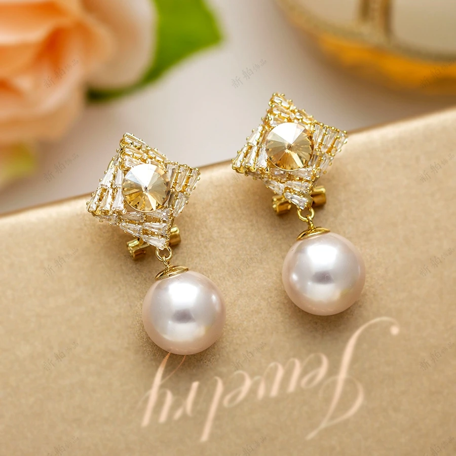 铜合金合成锆石耳饰 【满天星】日韩满钻方块珠珠耳钉百搭耳环1621