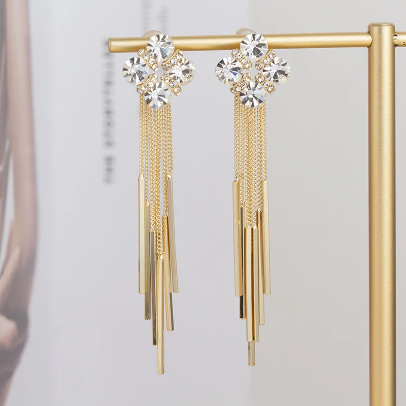铜合金合成锆石耳饰 法式满钻四叶花耳钉流苏长款轻奢风耳环1644