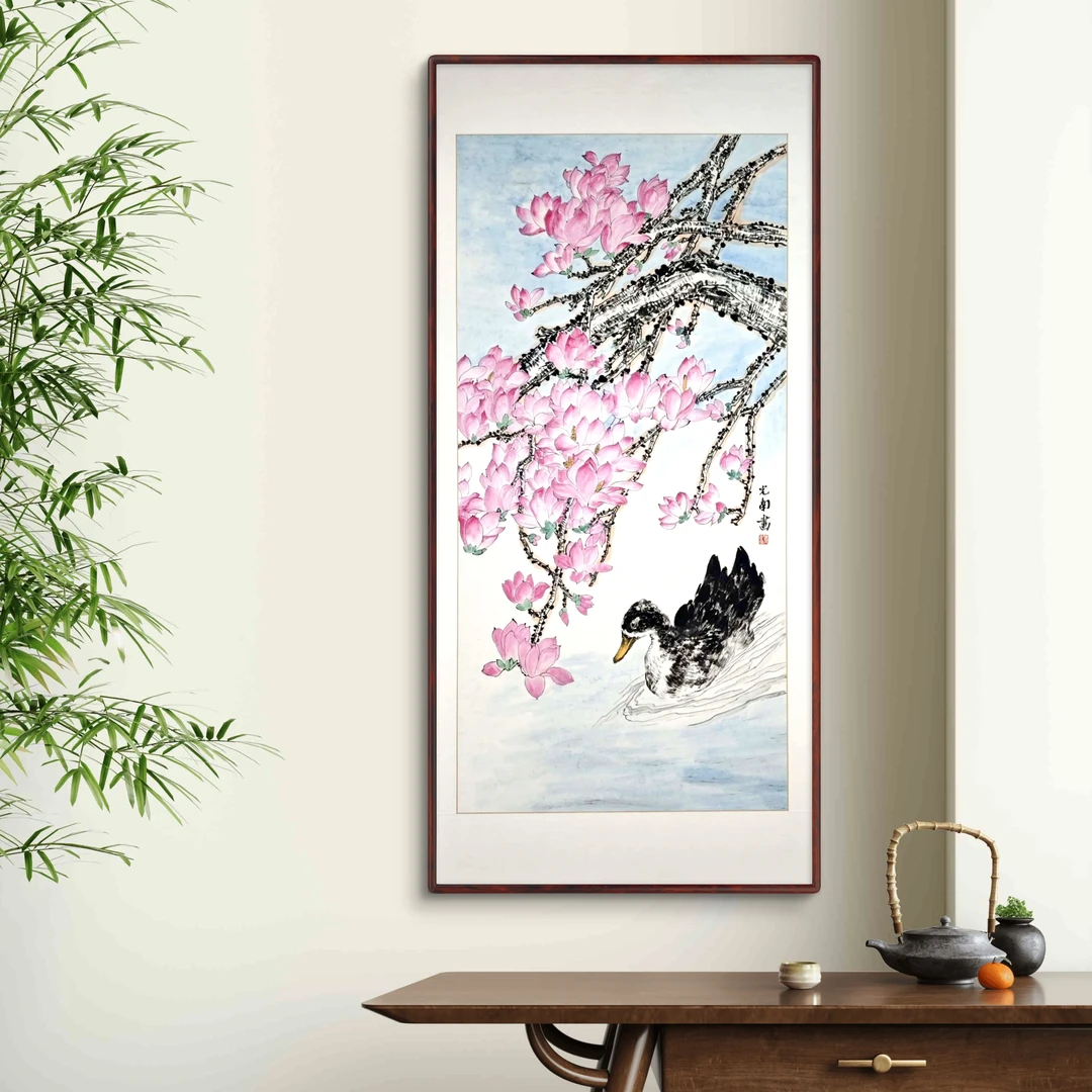 张光南《玉兰》客厅走廊玄关入户门茶室书房挂画带框尺寸175*85