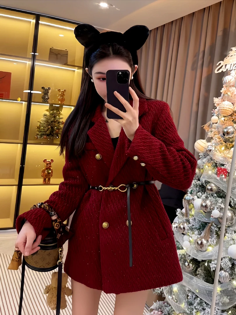 高级感韩版加厚红色西装外套2024冬季新款洋气收腰设计感保暖上衣