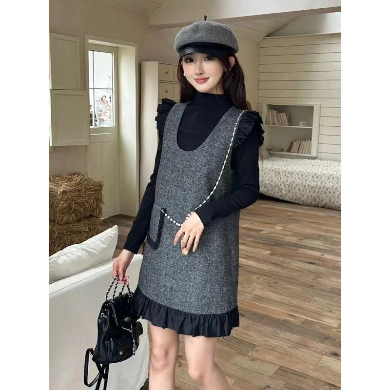 2024新款韩版时尚减龄套装百搭宽松立领打底衫荷叶边背心裙两件套