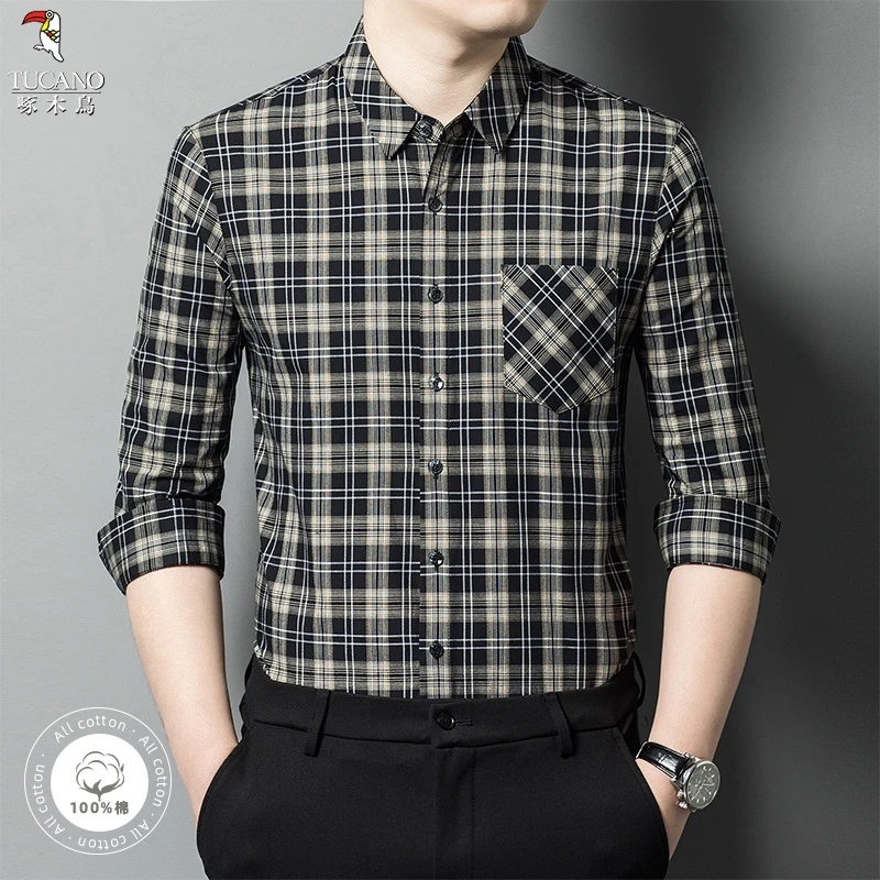 啄木鸟2024年秋季新款时尚潮流舒适百搭亲肤纯棉男士长袖衬衫