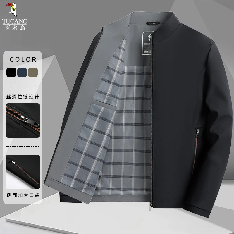 啄木鸟2025秋冬休闲时尚宽松透气纯色立领柔软夹克衫外套