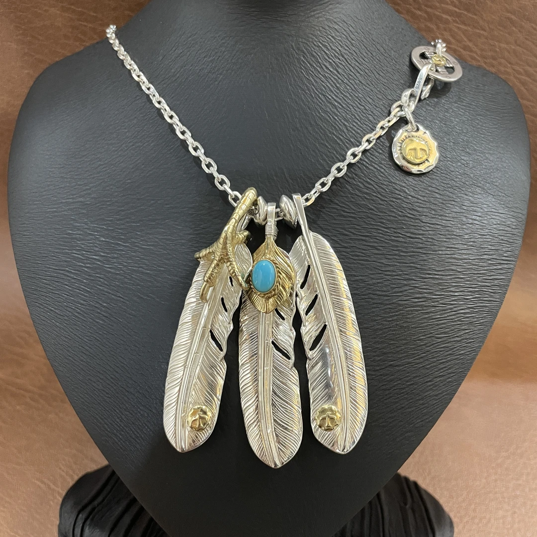 坠链均925银 时尚高桥羽毛印第安风格纯手工高定明星网红项链