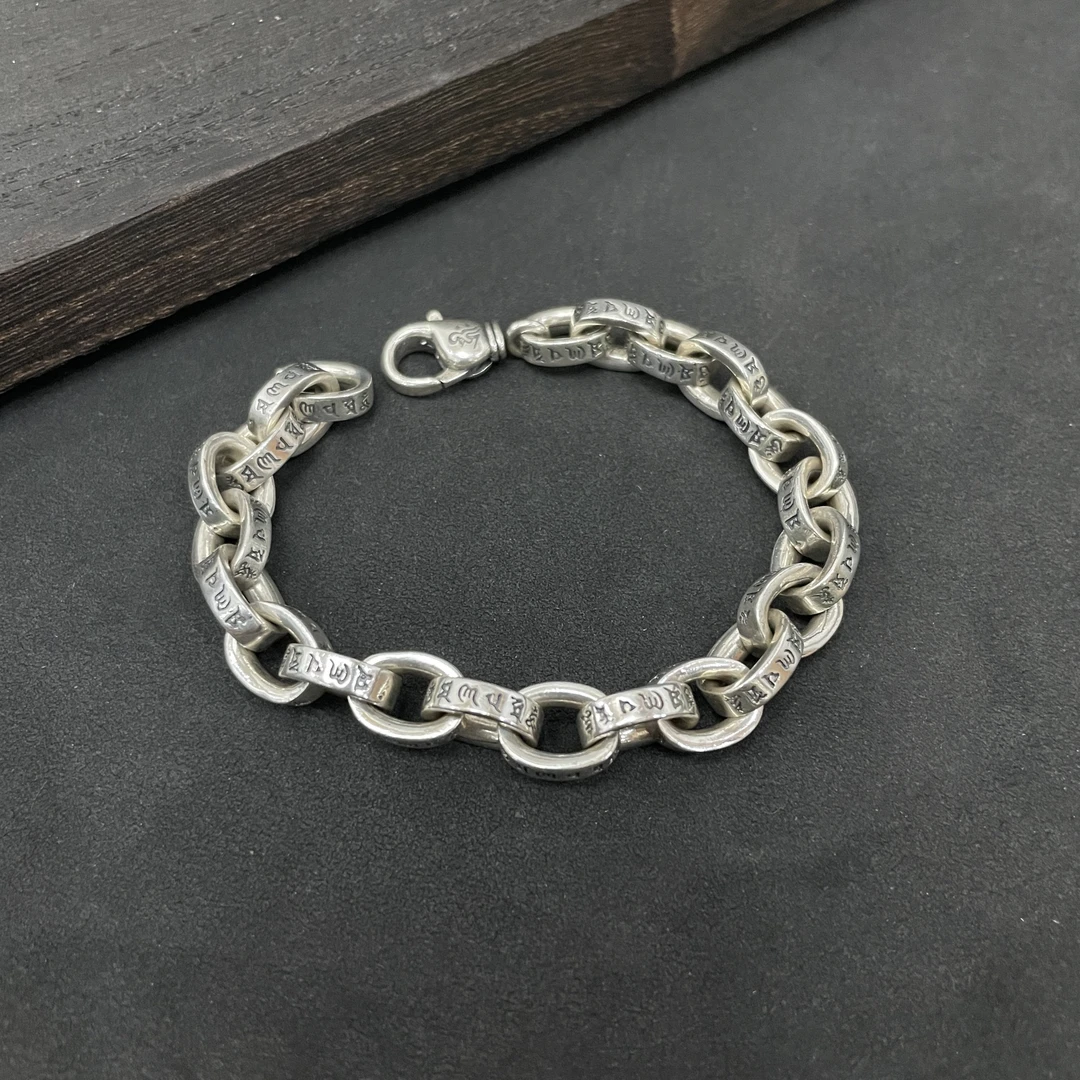 925银手链 纯银8毫米时尚六字真言字母手链链条环环相扣手链潮流