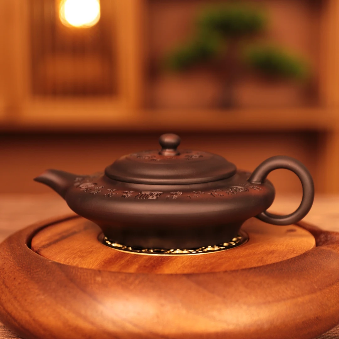 紫陶百福虚扁壶大容量家用中式纯手工茶壶复古大号陶瓷紫砂壶C90