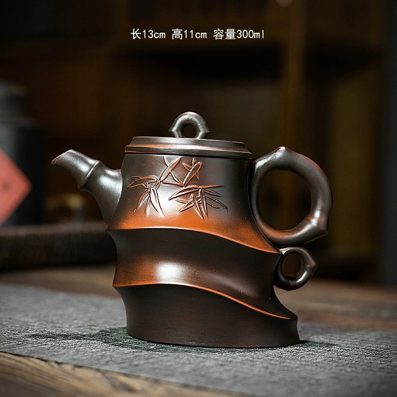 紫陶凤鸣斜竹壶大容量中式纯手工茶壶家用复古大号紫陶壶C75