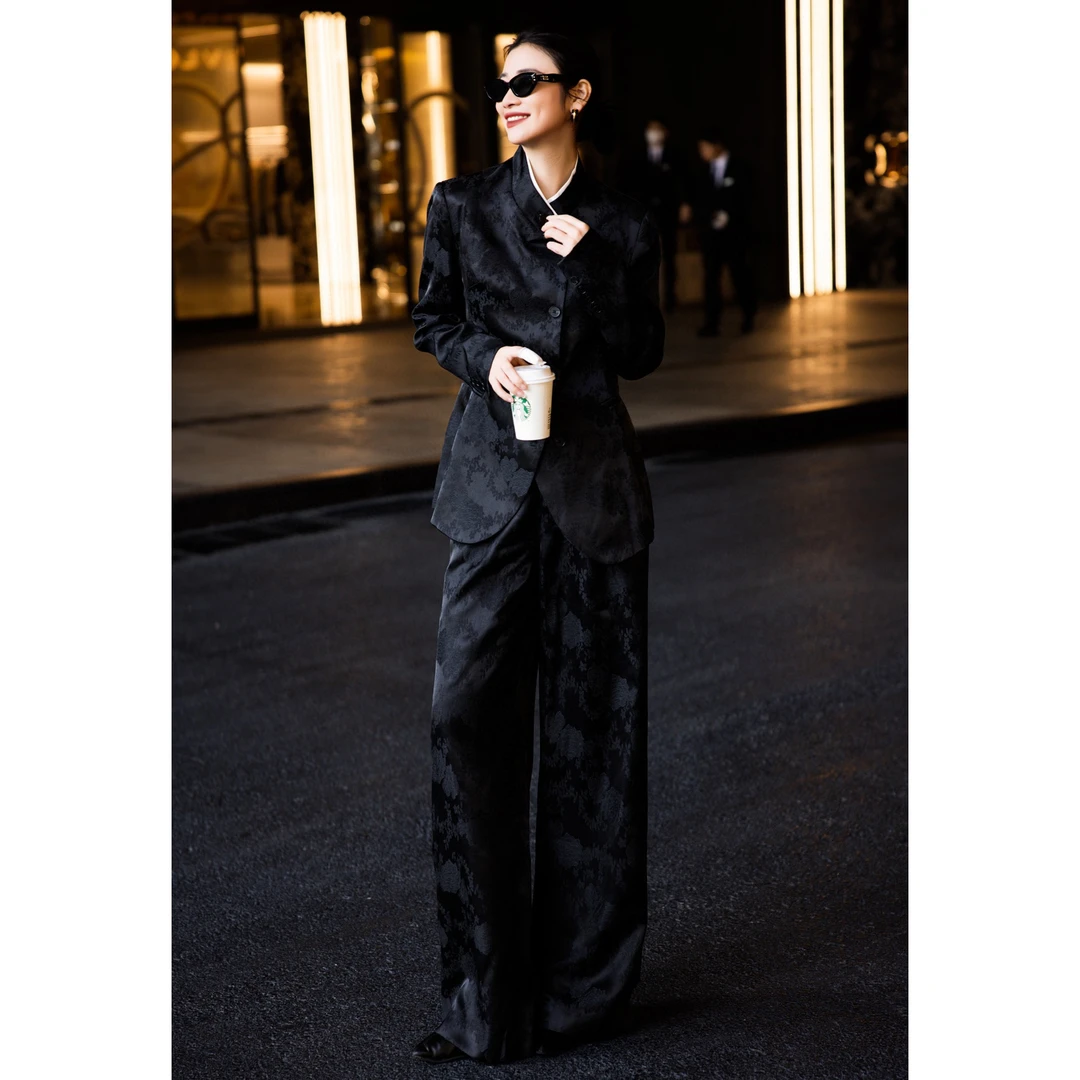 ZEROYK新中式套装女2025春季重磅醋酸提花西服长裤气质通勤两件套