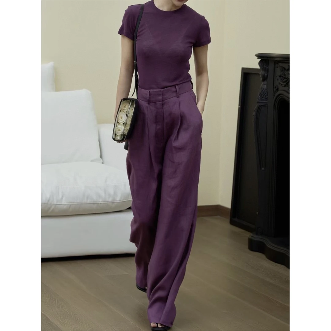 ZEROYK早秋百搭神裤2025新款老钱风慵懒100%纯亚麻通勤时尚阔腿裤