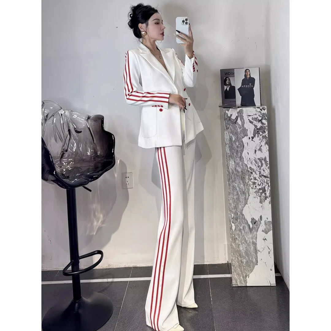 ZEROYK设计感时尚套装御姐气质白色拼接条纹收腰西装直筒裤两件套