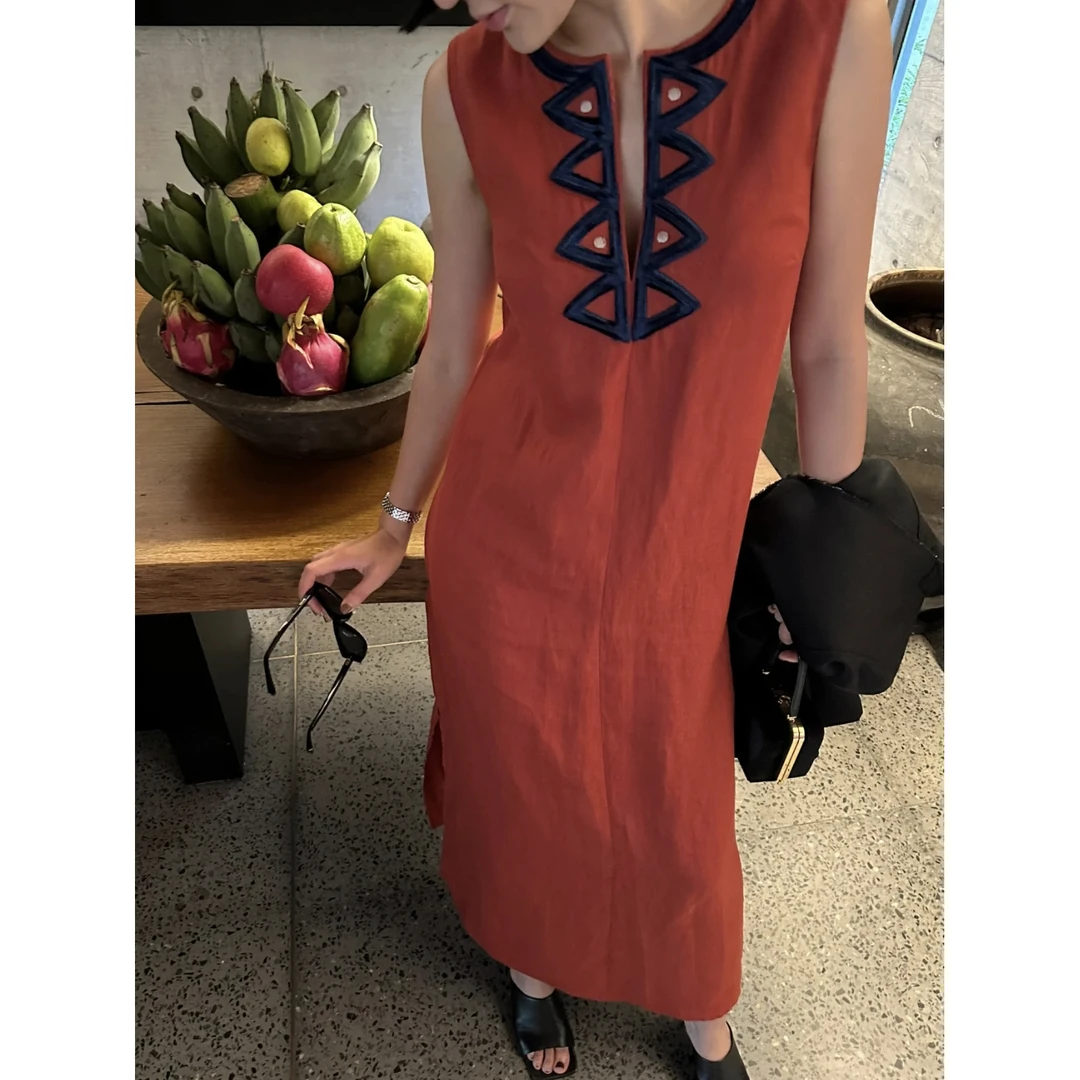 ZEROYK高级感麻裙夏季重工刺绣V领修身显瘦开叉纯亚麻长款连衣裙