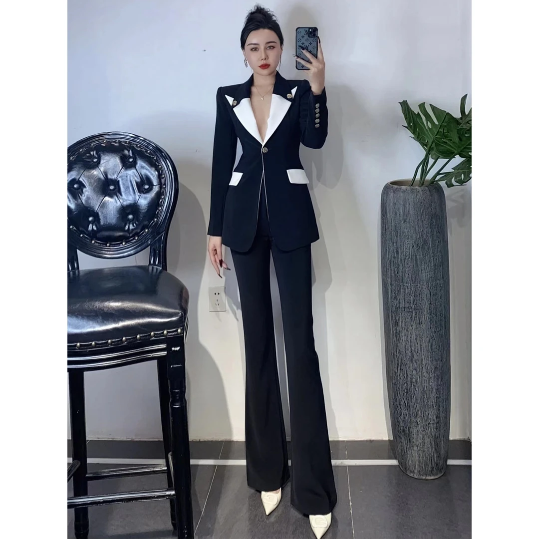 ZEROYK欧货高定职业装2025秋款高级感黑白撞色收腰西装微喇裤套装