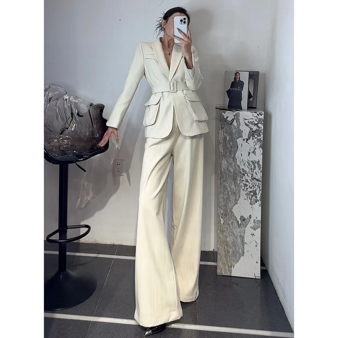 ZEROYK设计感职业西装套装女高端名媛气质系带西装长裤通勤两件套