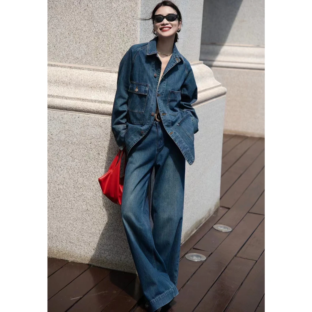 ZEROYK港风复古套装女春秋高级感牛仔长袖衬衫阔腿裤通勤两件套