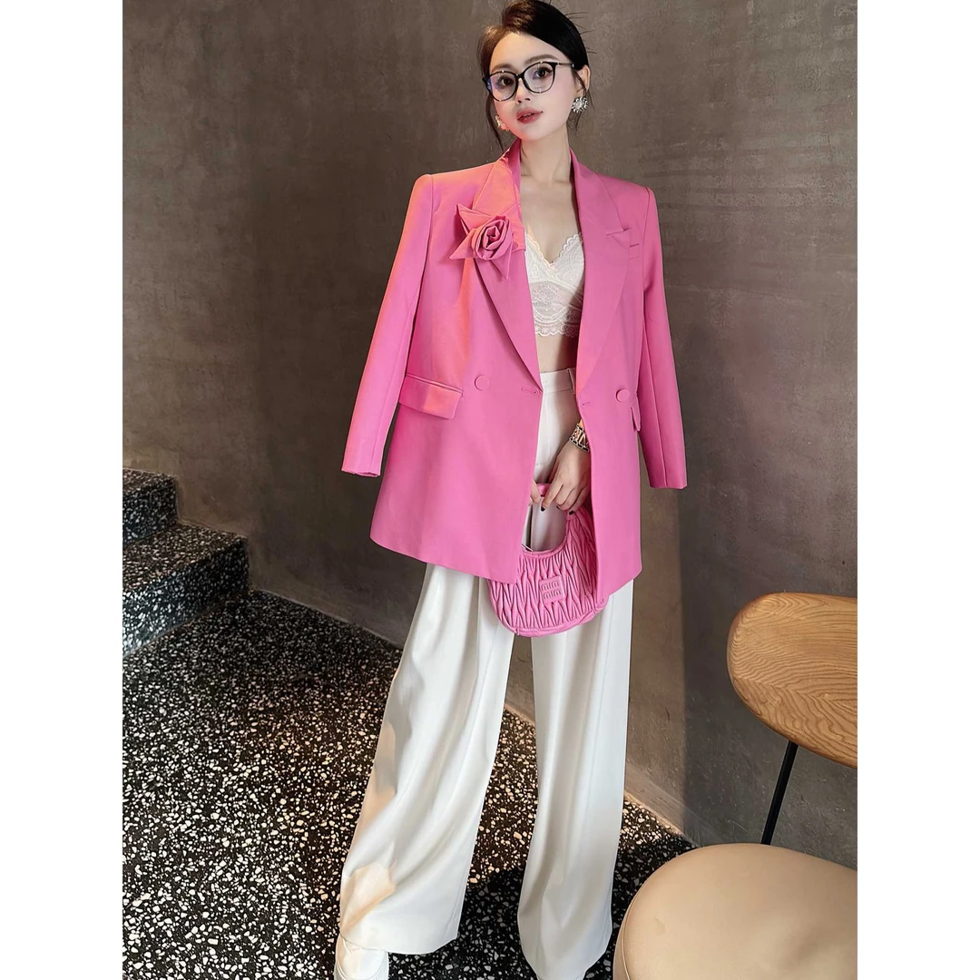 ZEROYK高端法式立裁花朵西服女高级感御姐范粉色宽松休闲西装外套