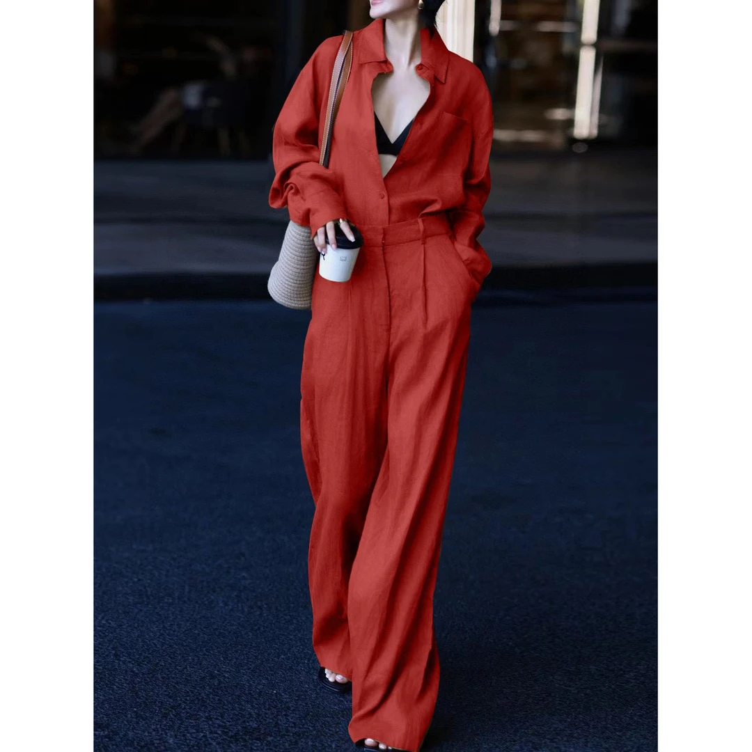 ZEROYK秋季时尚套装老钱风松弛感宽松亚麻衬衫阔腿裤气质两件套