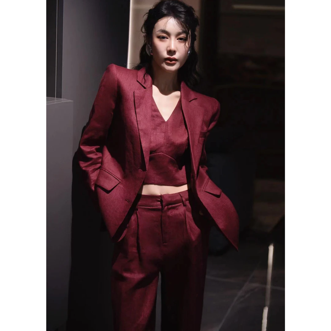 ZEROYK高定职业装2024秋季新款设计感亚麻西装马甲长裤时髦三件套