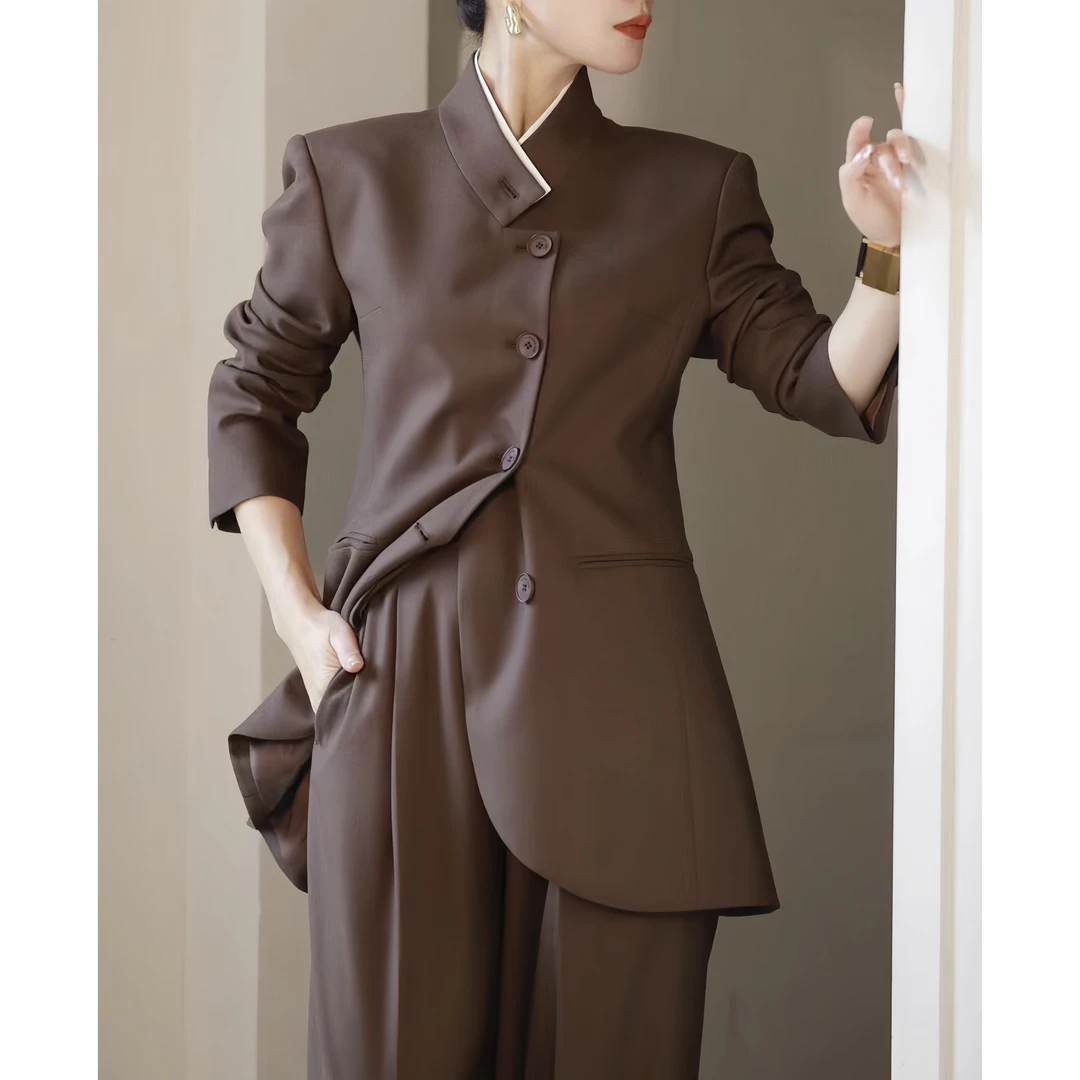 ZEROYK高定职业装大牌气质设计感新中式立领修身西装长裤通勤套装