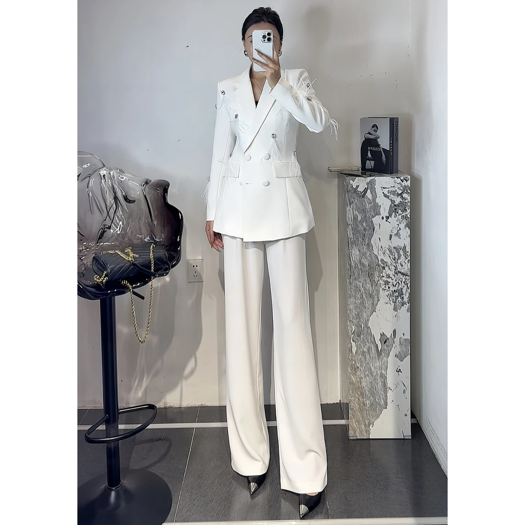 ZEROYK高级感女神范镶钻钉钻流苏拼接宽松西服阔腿裤职业两件套