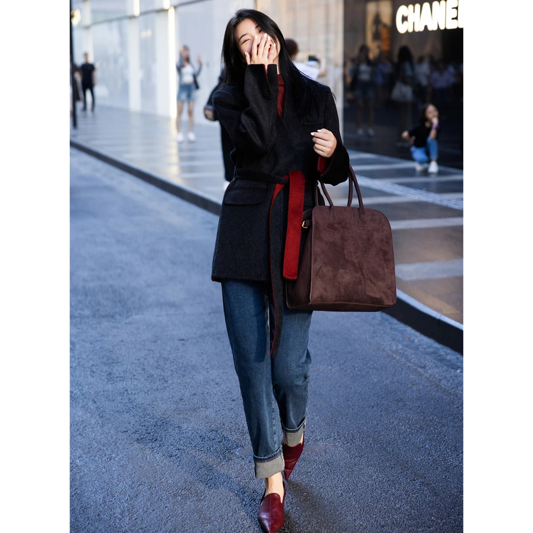 ZEROYK秋冬羊毛大衣高级感轻奢气质女神范系带撞色中长款上衣外套