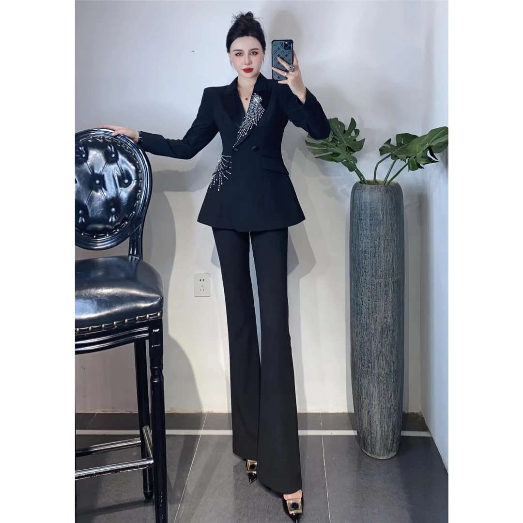 ZEROYK高端职业装女总裁气质重工钉钻黑色收腰西装微喇裤两件套