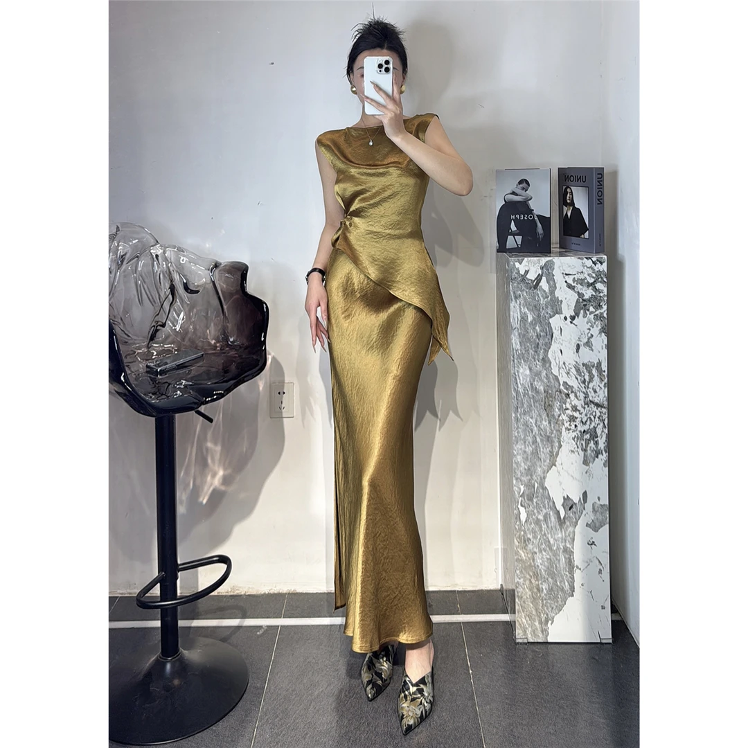 ZEROYK夏季时尚女装缎面醋酸不规则收腰上衣百搭开叉半裙通勤套装