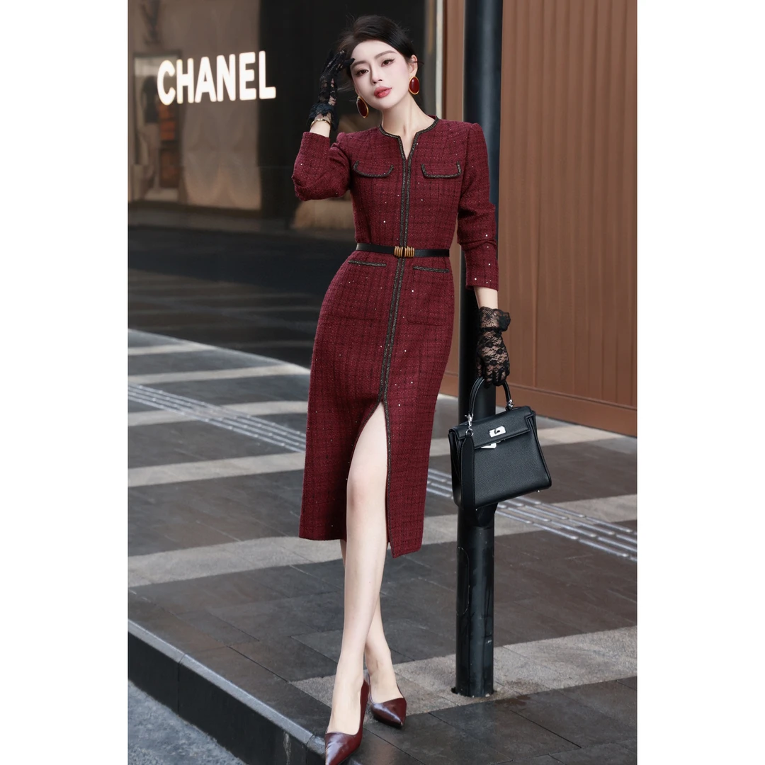 ZEROYK轻奢羊毛连衣裙2024秋季新款名媛风气质修身显瘦长裙配腰带