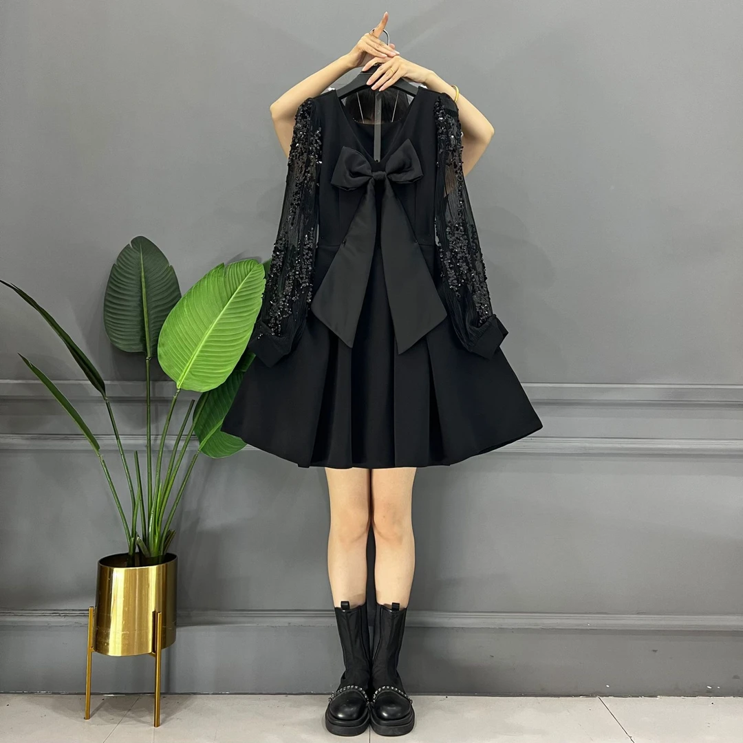 胖妹妹大码女装气质复古钉珠重工亮片装饰蝴蝶结收腰显瘦连衣裙