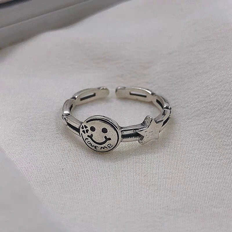 星星笑脸戒指复古做旧开口微笑指环简约气质女手饰品