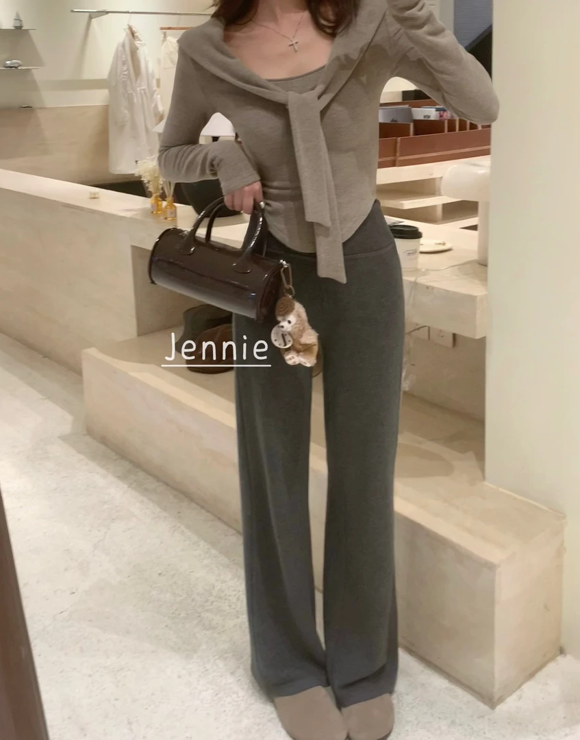 秋冬430克加厚版高腰垂垂裤简约绑带设计高弹显瘦气质休闲直筒裤