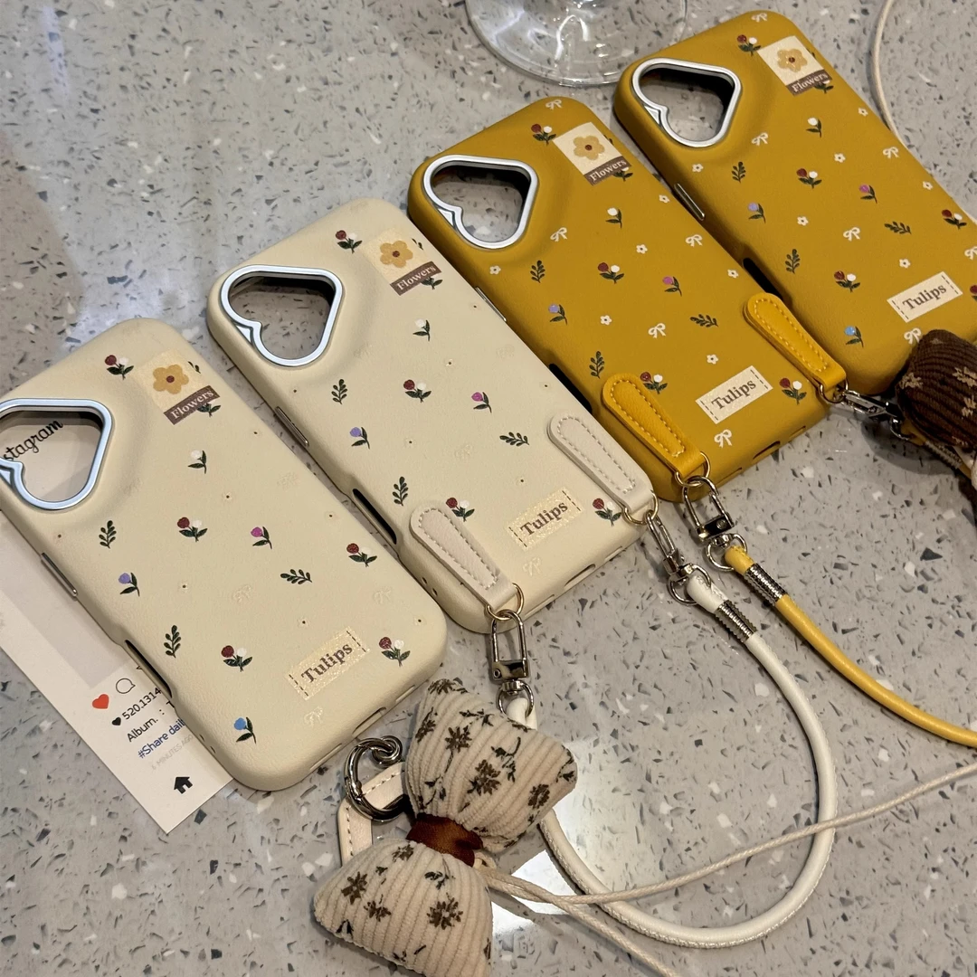 韩系满屏碎花蝴蝶结适用苹果16手机壳iphone15带挂绳14promax女13