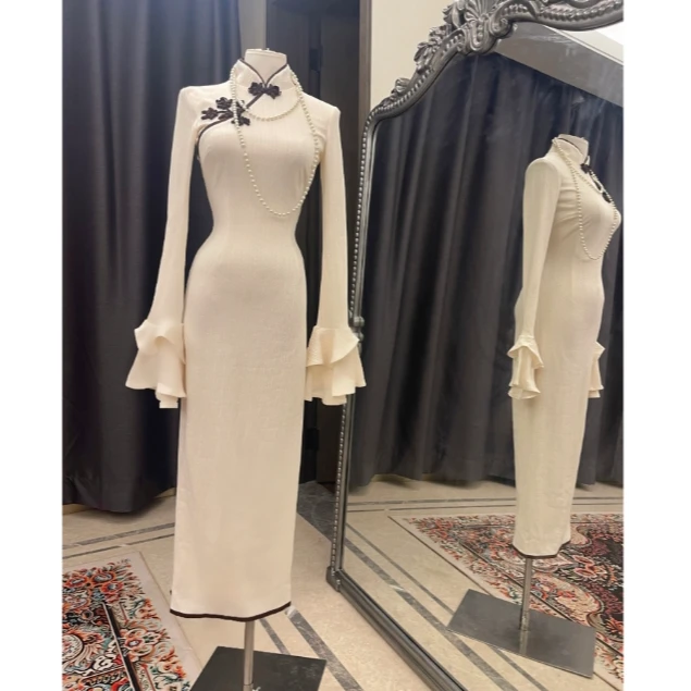 美人鱼【郁郁】复古清冷风温婉立领斜襟气质针织棉修身包臀旗袍G54