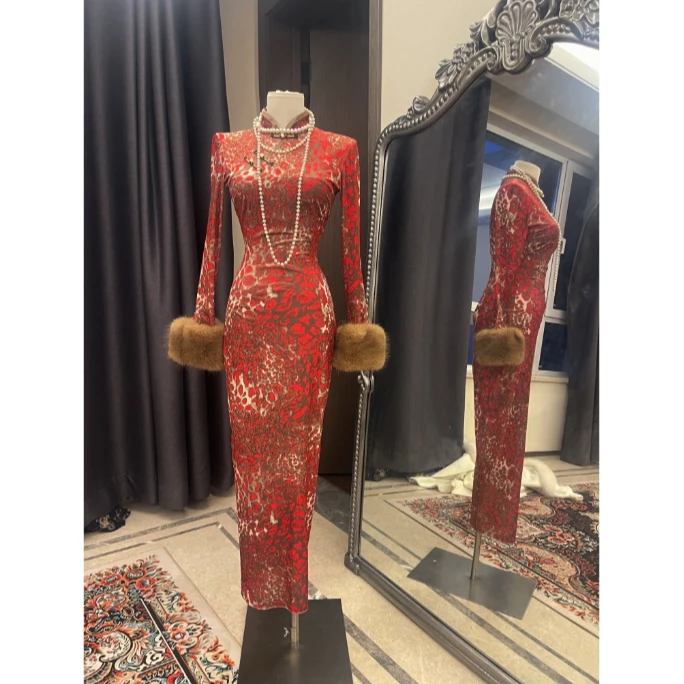 美人鱼【福豹】新中式复古红色原创设计豹纹修身性感改良旗袍G62