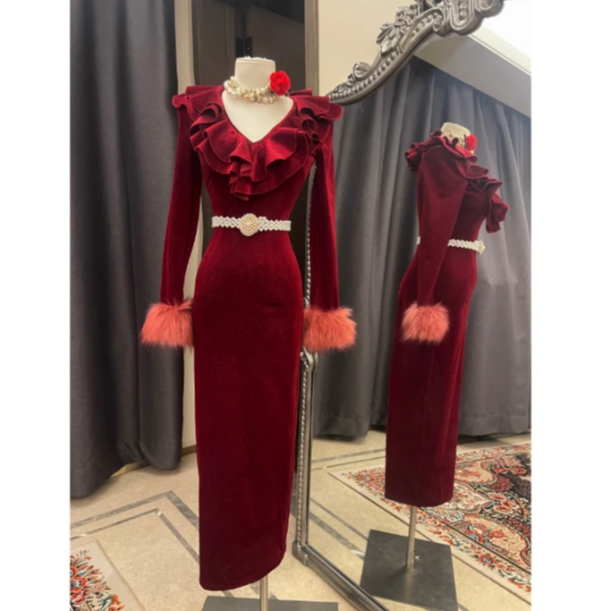 美人鱼【安吉丽娜】性感女郎V领花边自制复古细闪修身弹力连衣裙G76