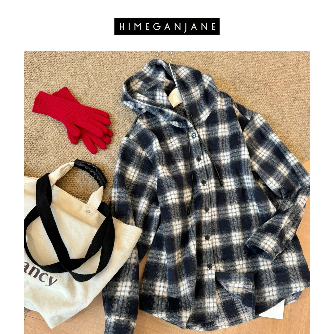 HIMEGANJANE 男女同款美式加厚宽松格纹连帽衬衫外套45869