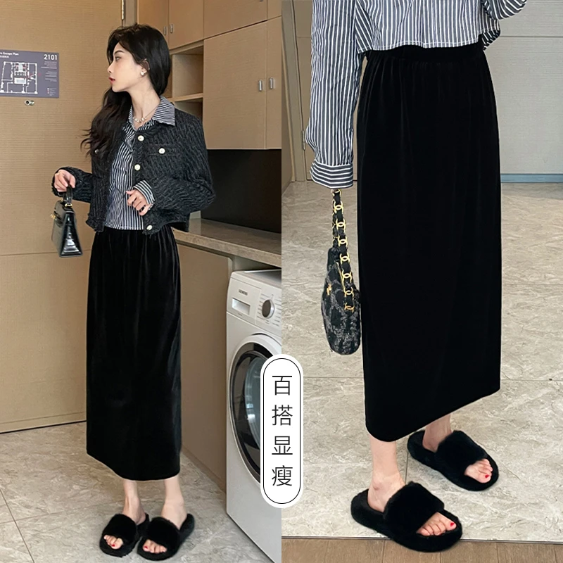 主曼丨金丝绒显瘦半身裙春季新款直筒开叉气质丝绒小个子高腰P207