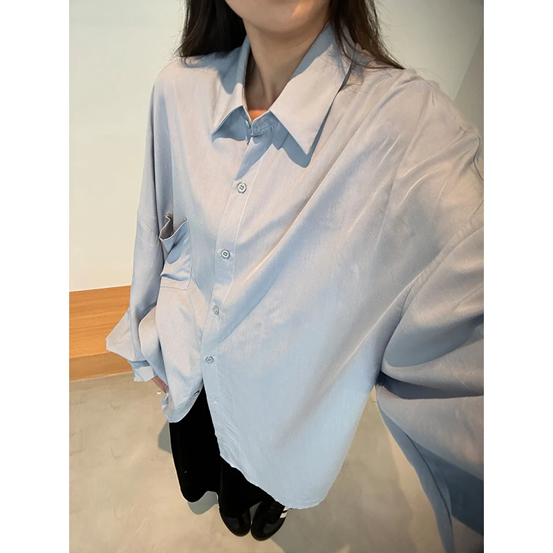 主曼丨蓝色长袖衬衫女叠穿2024新款设计感纯色上衣WT382