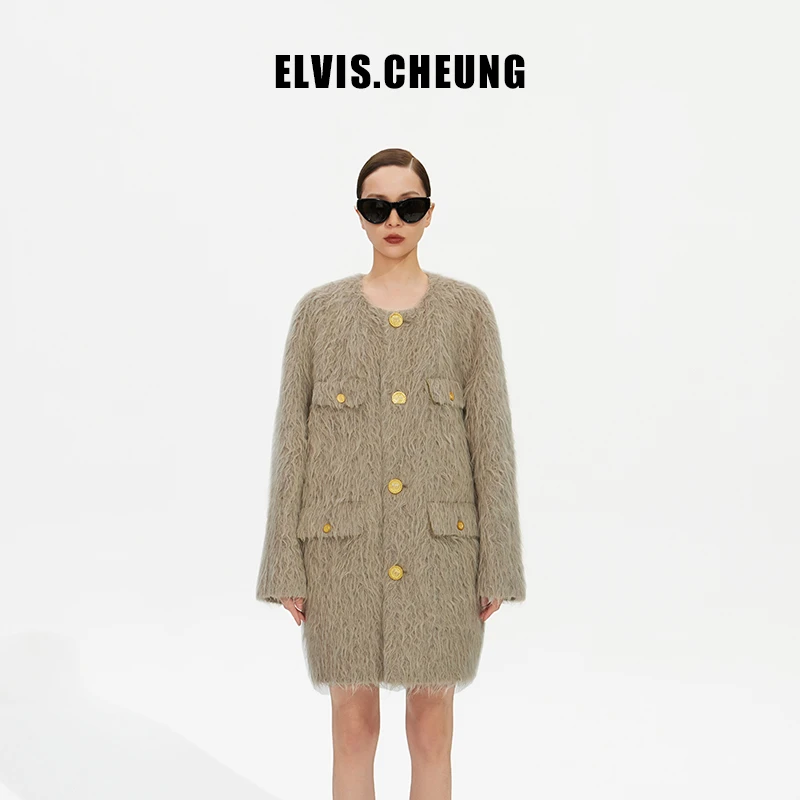 ELVIS.CHEUNG23秋冬羊驼毛毛圆肩茧型无领中长大衣