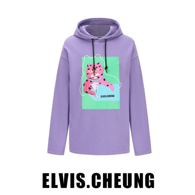 ELVIS.CHEUNG23春夏豹富系列紫色底连帽宽松中性卫衣时尚*达人