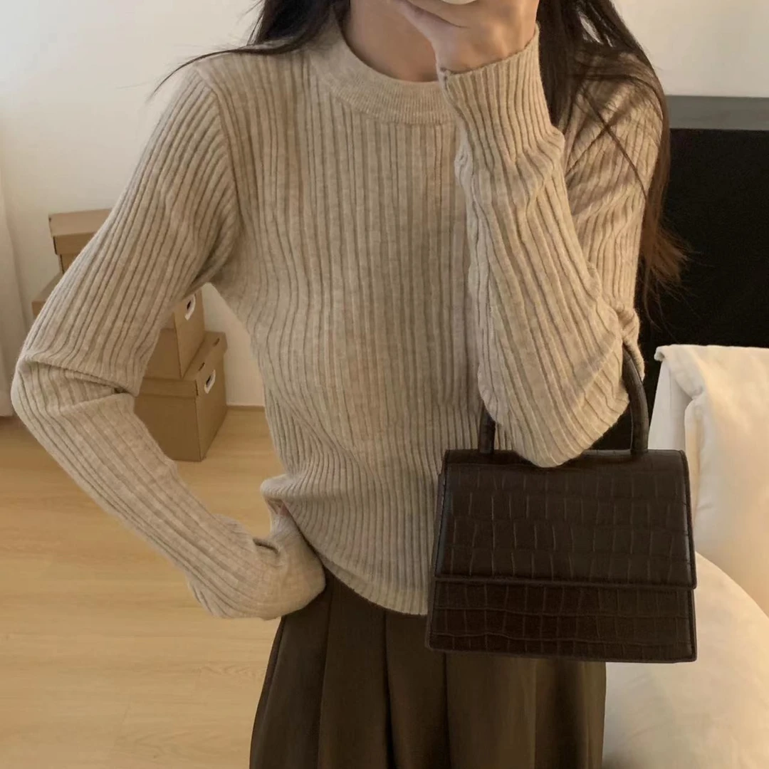 韩版软糯毛衣秋冬季新款女修身显瘦纯色打底衫保暖针织衫长袖上衣