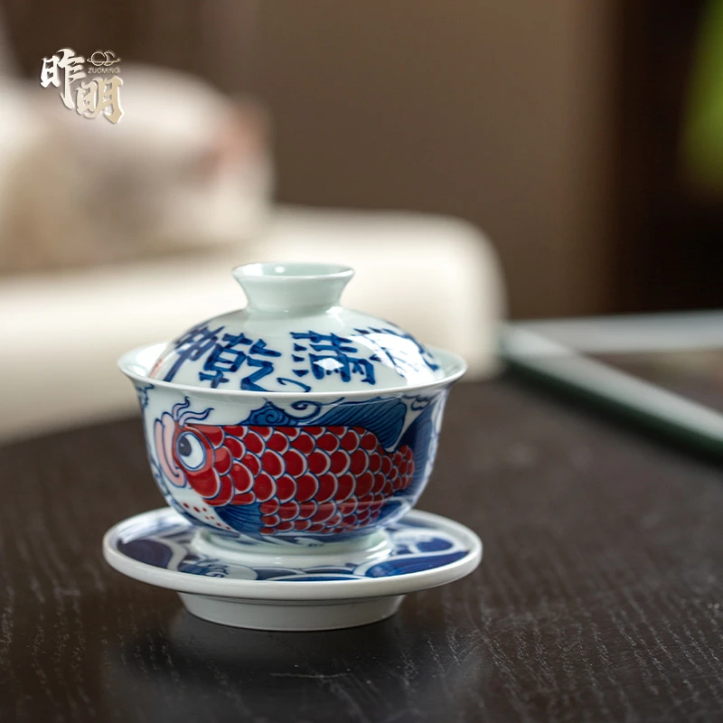 昨明景德镇手绘重工满绘 三才盖碗大号手工国潮中式陶瓷茶具