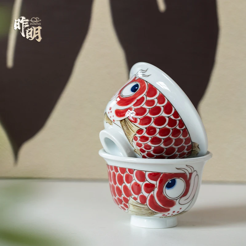 昨明 陶瓷手绘龙鱼永乐压手杯茶杯主人杯家用国潮 简约 茶具 喝茶