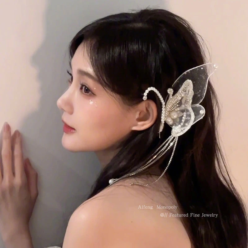 李一桐白鹿同款发夹珠流苏仙气发卡蝴蝶翅膀精灵头饰小仙女发饰