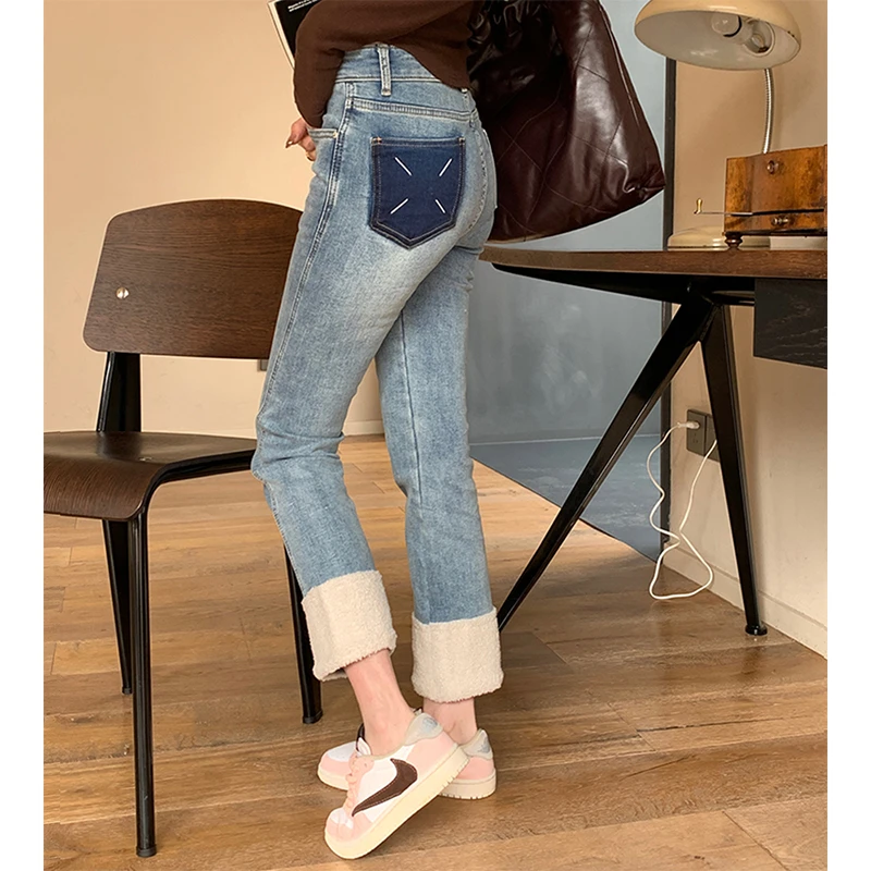 加绒高腰烟管直筒牛仔裤女秋季季宽松新款裤子加绒976