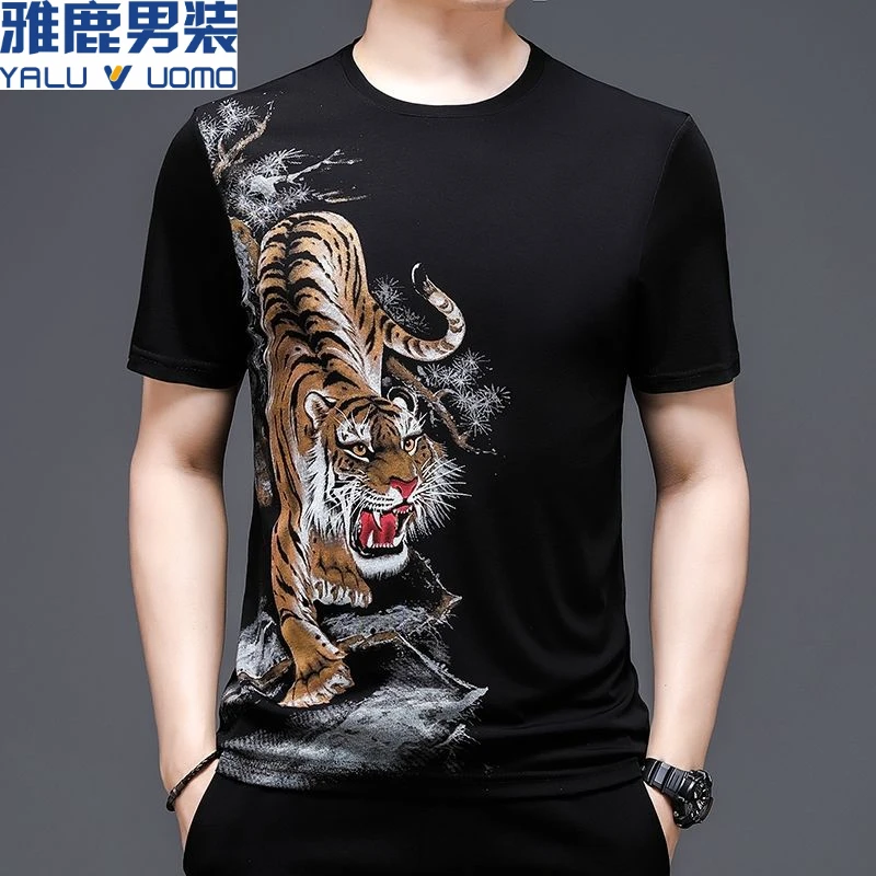 雅鹿男装夏季新款短袖T恤老虎图案汗衫半袖个性潮流霸气时尚男士t