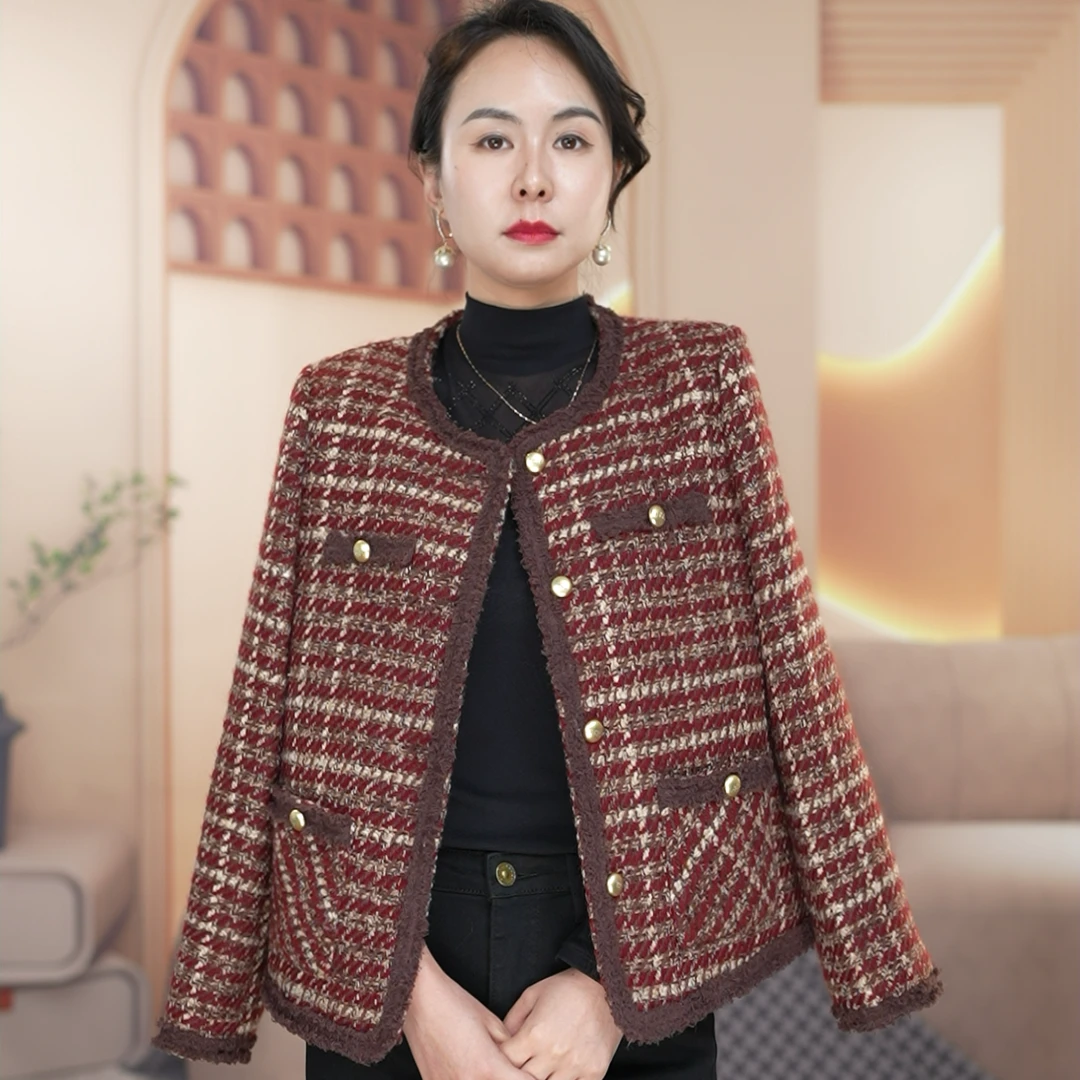 法式粗花呢安哥拉红格子小香风外套秋2024新款中年小个子短款上衣